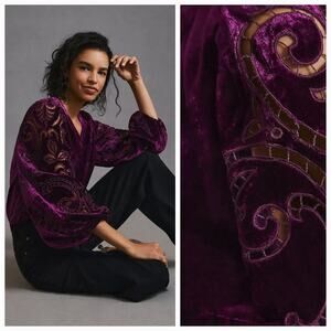 New By Anthropologie Velvet Cutwork Long Sleeve Top $168 X-SMALL Plum